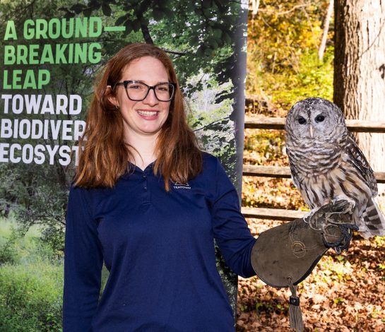 Marie Roche, Associate Director of Education Programs and Nova the barred owl